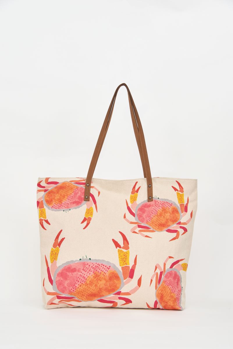 D7887 - Crab Tote Bag, Cotton, Cream & Reds, L: 20" - H: 18.1"
